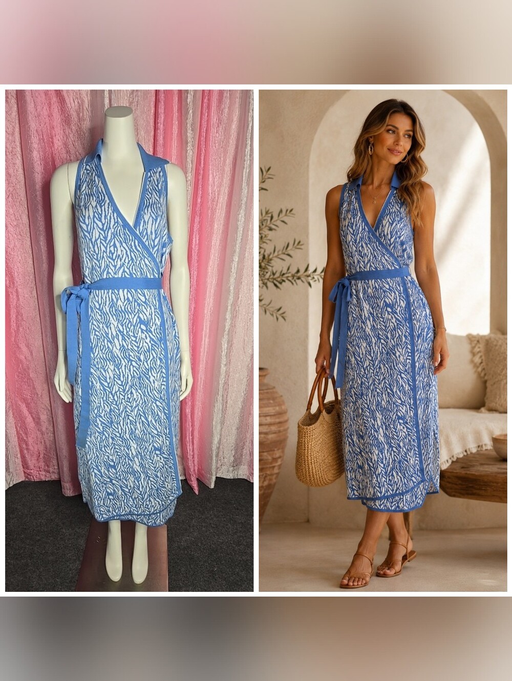 Diane Von Furstenberg Blue Sea Twig Print Knit Midi Wrap Dress Size Large